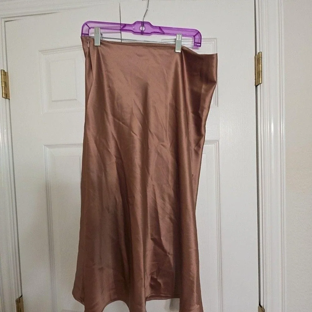 Altar'd State Skirt Womens L Brown Satin A-Line Midi Front Slit Stretch Pull On